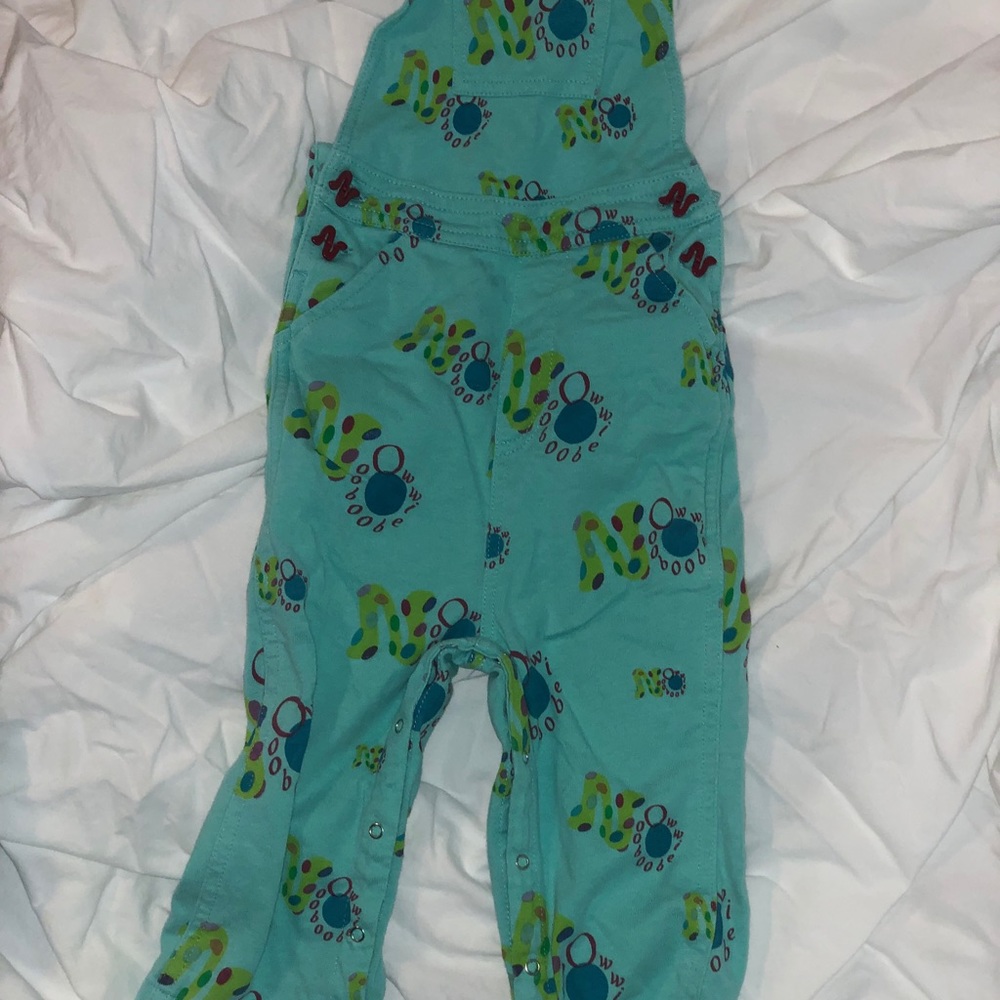 Boutique toddler girl overalls. Blue with red detail. 18 months